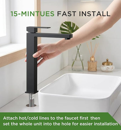 FORIOUS Vessel Sink Faucet Single Hole, Matte Black Tall Bathroom Faucets | For 1 or 3 Hole 4 Inch Centerset Sink, with Pop-up Drain, NSF61 Certificate, Single Handle Faucet for Sink Vanity RV Restroom