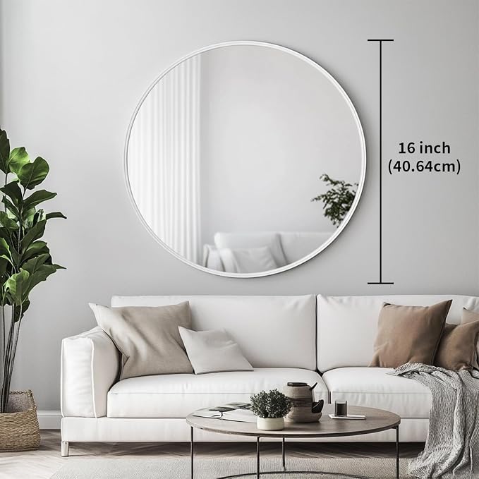 Small Round Mirror, 16 inch White Circle Mirror, White Metal Frame | High Definition, Waterproof, Rust-resistant, Circular Wall Mirrors for Bathroom, Bedroom, Vanity, Nursery, Kids, Wall Décor