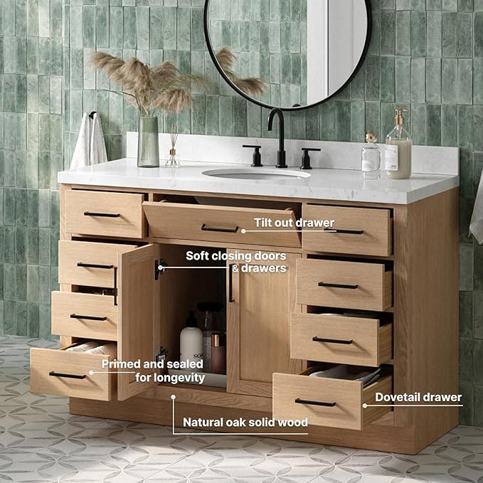 ARIEL Hepburn 54-inch Bathroom Vanity Base Cabinet,Solid Wood, 2 Soft Closing Doors, 9 Dovetail Drawers, White Oak