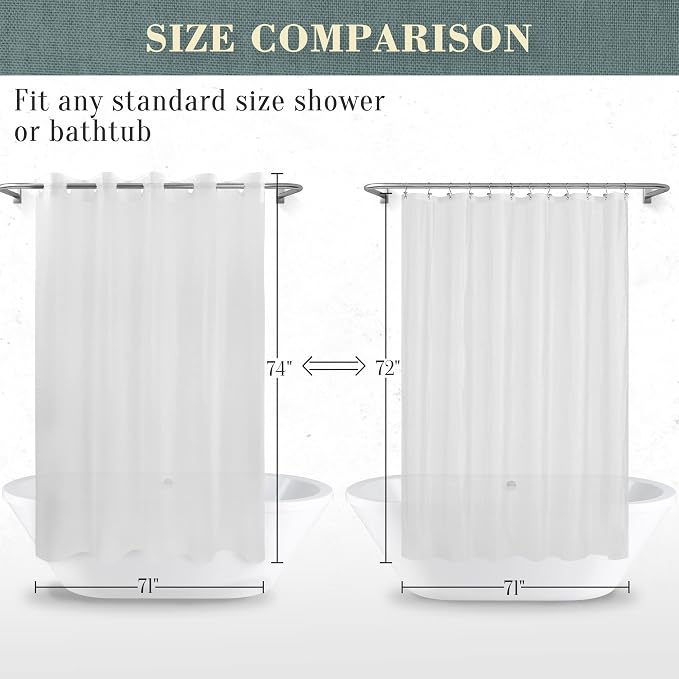 No Hook PEVA Shower Curtain or Liner, Standard Size 71 x 74, Frost | 8G Heavy Duty, Frosted Bathroom Shower Curtain, No Hooks Required, Waterproof Plastic & PVC Free