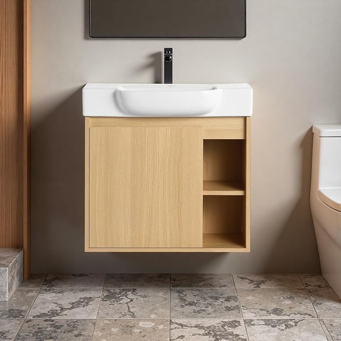24" Bathroom Vanity with Ceramic Sink, Farmhouse Cabinet, Light Oak | Ceramic Sink, Soft-Close Door, Interior Compartment and 2-Tier Open Side Shelves, 45° Inclined Edge Handle