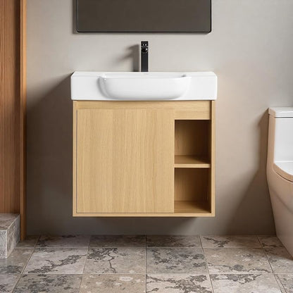 24" Bathroom Vanity with Ceramic Sink, Farmhouse Cabinet, Light Oak | Ceramic Sink, Soft-Close Door, Interior Compartment and 2-Tier Open Side Shelves, 45° Inclined Edge Handle
