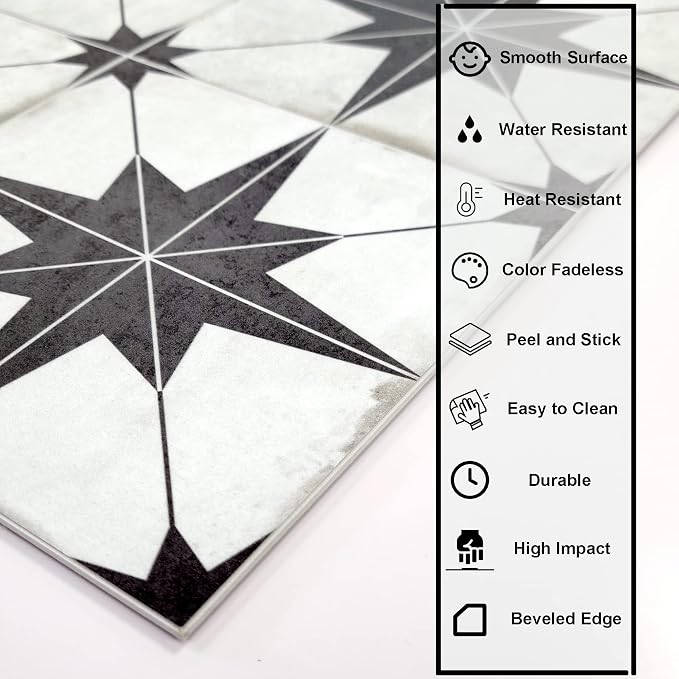 The Tiles Plaza Encaustic Peel and Stick Backsplash, Black Star Patterned Vintage Stick on Tiles, Stone Composite Self-Adhesive Wall Tile Sticker for Kitchen Bathroom Fireplace Stairs, 10 Sheets