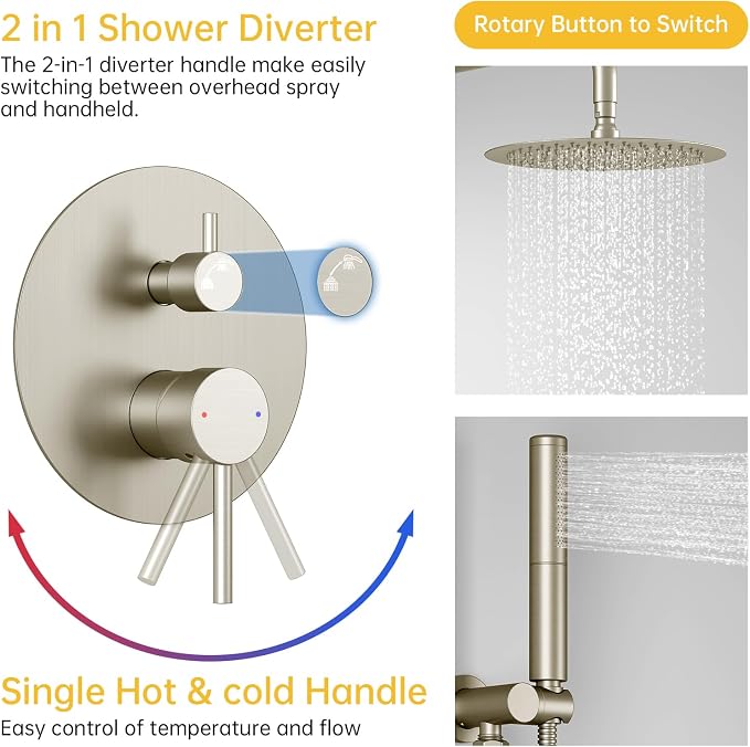 BESy Shower System with 10 Inch Round Rain Shower Head and Handheld Wall Mounted, High Pressure Rainfall Shower Faucet Fixture Combo Set with 2 in 1 Handheld Showerhead for Bathroom, Nickel