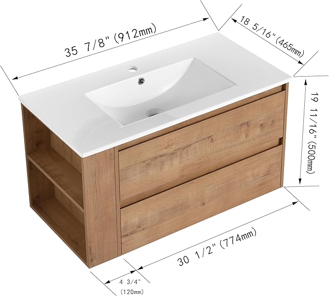Henf 36 Inch Wall Mount Bathroom Vanity W/Sink Combo, Modern Design Vanity Cabinet with Ceramic Basin, Floating Mounting Bathroom Cabinet Set with 2 Drawer and Adjustable Storage Shelf, Oak