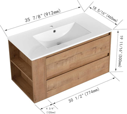 Henf 36 Inch Wall Mount Bathroom Vanity W/Sink Combo, Modern Design Vanity Cabinet with Ceramic Basin, Floating Mounting Bathroom Cabinet Set with 2 Drawer and Adjustable Storage Shelf, Oak