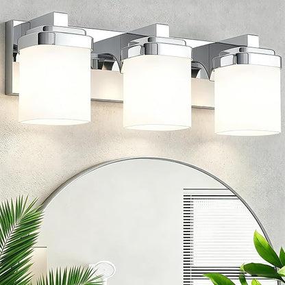 Modern Vanity Lights for Bathroom, Farmhouse Lighting Fixtures | 3-light chrome bathroom light fixtures over mirror, 17 inches bathroom light wall sconce with milky white square glass shade