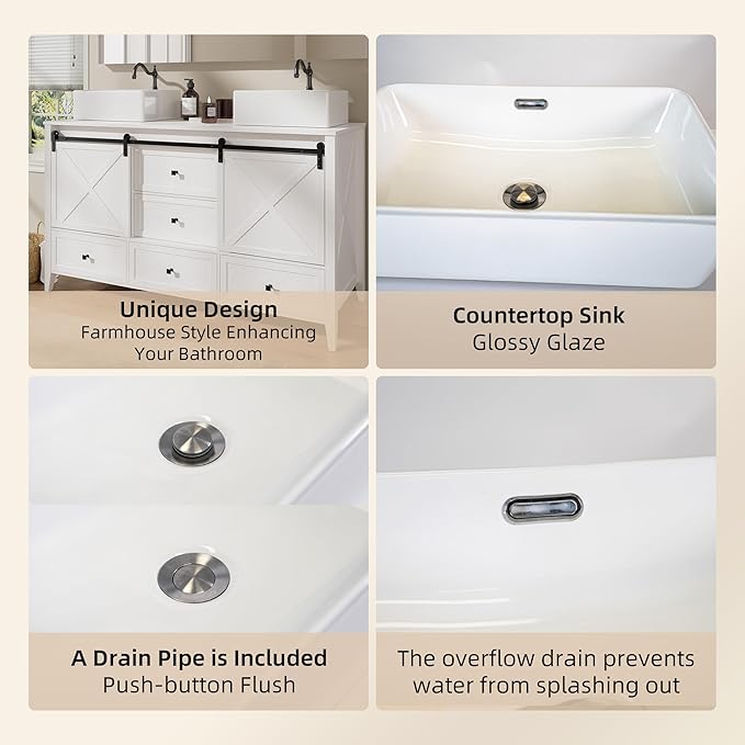 VNN Bathroom Vanity with Sink - 60 Inch Bathroom Vanity Double Sink Ceramic, Freestanding Cabinet with 2 Farmhouse Sliding Barn Doors and 5 Drawers, Space-Saving Storage Cabinet, White Wood Grain