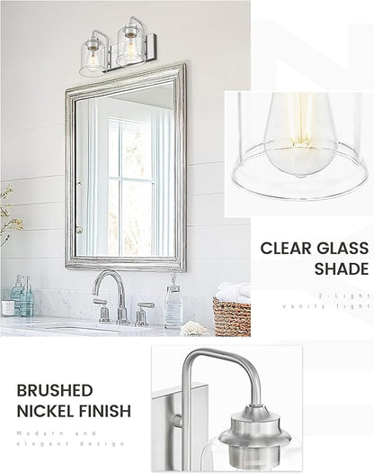 zeyu 12.5 Inch Modern Bathroom Vanity Light Fixtures, 2-Light Wall Mirror Light for Bathroom, Brushed Nickel Wall Sconces with Clear Glass Shade, ZSL72B-2W BN