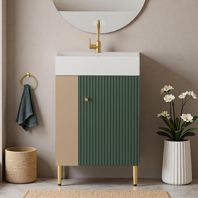 21.6" Freestanding Bathroom Vanity with Ceramic Sink, Green | Ceramic Sink, Wave-Pattern Door & Two-Layer Left Open Compartment, Bathroom Storage Cabinet, Easy Installation