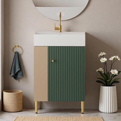 21.6" Freestanding Bathroom Vanity with Ceramic Sink, Green | Ceramic Sink, Wave-Pattern Door & Two-Layer Left Open Compartment, Bathroom Storage Cabinet, Easy Installation
