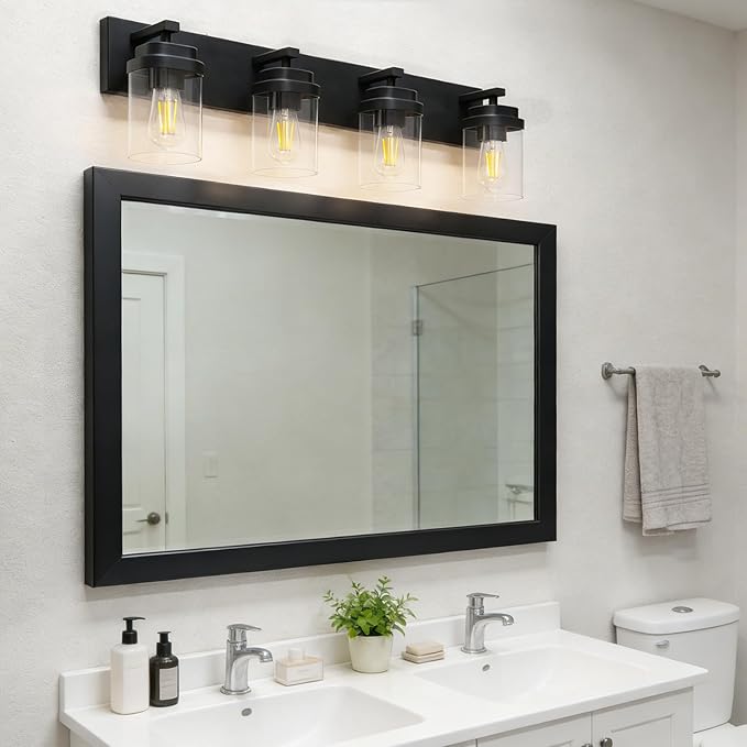 Black Bathroom Light Fixtures, 4 Lights Bathroom Lighting Fixtures Over Mirror, Square Design & Rectangle Large Backplate, Modern Vanity Lighting Fixtures, for Bathroom/Living Room/Bedroom
