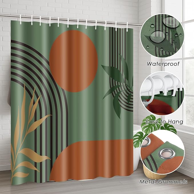 Bathroom Sets with Shower Curtain and Rugs, Boho 4 Pcs Mid | Century Modern Minimalist Bathroom Decor Set with Toilet Lid Cover, Non-Slip Bath Mats and Accessories 12 Hooks