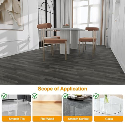 Countewol Stick Vinyl Flooring Roll, Dark Grey Spliced Wood Grain PVC Floor Sheet, Waterproof Scratch Resistant Self Adhesive Flooring for Indoor Home, Camper & Rental House
