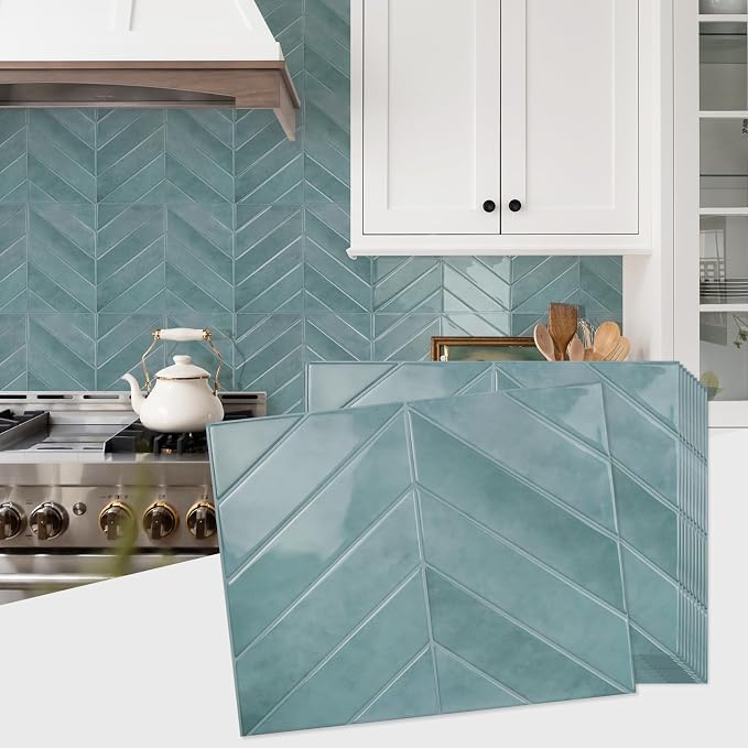 STICKGOO Herringbone Peel and Stick Backsplash, Blue Teal, 10 Sheets | 12.6 x 9.7 in, Thicker Rectangular Vinyl Stick-On Wall Tiles, Easy Alignment, Waterproof, Easy to Clean, Kitchen/Bathroom
