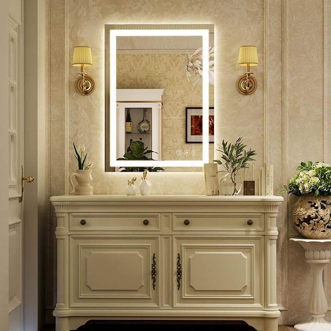 XRAMFY 32''X24'' LED Bathroom Mirror, Wall Mirror with Lights | Wall Mirror with Front and Backlight, 3 Colors Vanity Mirror with Lights, Anti-Fog Wall Mirror for Bathroom