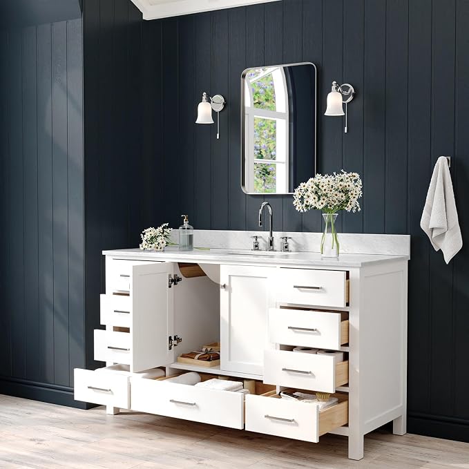 ARIEL Cambridge 60-inch Bathroom Vanity with Sink,Solid Wood, 0.75-inch Italian Carrara Marble Countertop, Single Rectangular Porcelain Sink, 2 Soft Closing Doors, 9 Dovetail Drawers, White