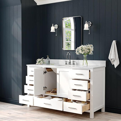 ARIEL Cambridge 60-inch Bathroom Vanity with Sink,Solid Wood, 0.75-inch Italian Carrara Marble Countertop, Single Rectangular Porcelain Sink, 2 Soft Closing Doors, 9 Dovetail Drawers, White