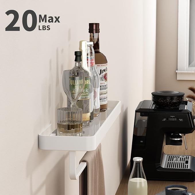 20 Inch Long Floating Bathroom Shelf with Towel Bar, Clear Tempered Glass Wall Shelf for Bathroom Storage Organizer, Matte White