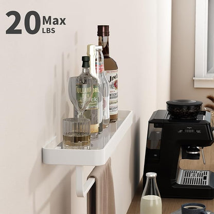 20 Inch Long Floating Bathroom Shelf with Towel Bar, Clear Tempered Glass Wall Shelf for Bathroom Storage Organizer, Matte White