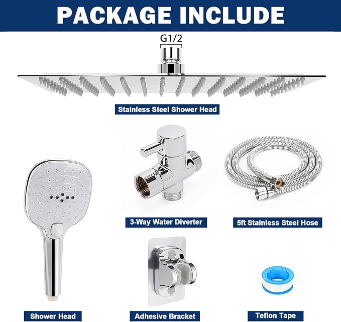 NearMoon Shower Head with Hose, High Pressure Stainless Steel Rain Shower and 3 Settings Handheld Spray Combo with Push Button Flow Control (12 Inch, Chrome Finish)
