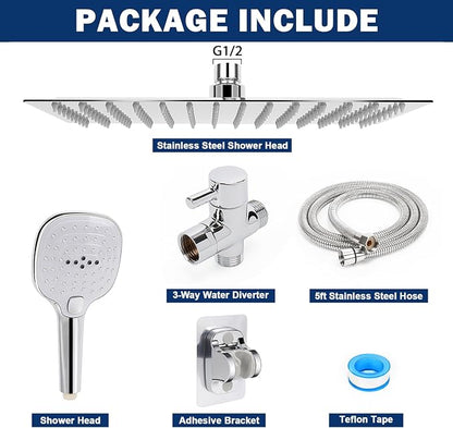 NearMoon Shower Head with Hose, High Pressure Stainless Steel Rain Shower and 3 Settings Handheld Spray Combo with Push Button Flow Control (12 Inch, Chrome Finish)