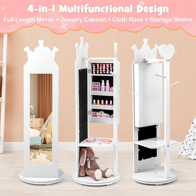 HONEY JOY Kids Jewelry Armoire Cabinet, 360 Degree Swivel Base Wooden Standing Jewelry Organizer w/Full-length Mirror and Clothes Rack, Children Dress Up Jewelry Cabinet for Little Girls (White)