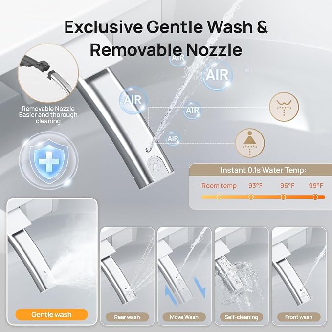 Smart Toilet with Bidet Built-in: Super Gentle Wash Bidet Toilet with Dryer, Dual Flush One Piece Toilets with Auto Lid/Seat, Foam, Heated Seat, Foot Sensor, UV-C Night Light, Child Mode, Grey