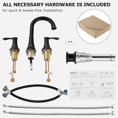 Oil Rubbed Bronze Widespread Bathroom Sink Faucet 8 Inch for Vanity | with All Metal Pop Up Drain, High Arc 2 Handle Lead-Free Deck Mount Bathroom Faucet for 3 Hole Lavatory Utility Sink