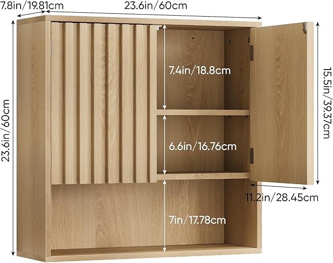 Bathroom Wall Storage Cabinet with Fluted Doors, Medicine Cabinet with Adjustable Shelf, Over The Toilet Storage Cabinet for Laundry Room & Kitchen & Living Room, Natural Oak