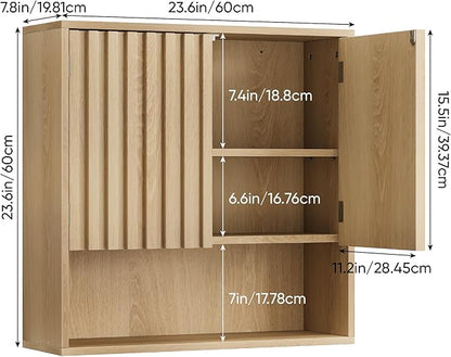 Bathroom Wall Storage Cabinet with Fluted Doors, Medicine Cabinet with Adjustable Shelf, Over The Toilet Storage Cabinet for Laundry Room & Kitchen & Living Room, Natural Oak