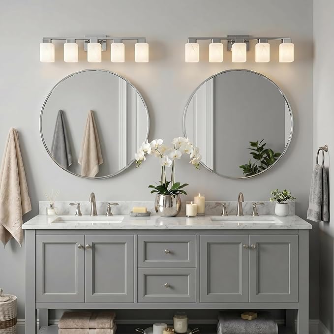 5-Light Square Bathroom Light Fixture, Chrome Modern Vanity Light with White Marble Glass Shade, for Bathroom Mirror, Living Room, Bedroom, Hallway, E26 Base