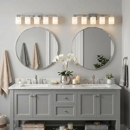 5-Light Square Bathroom Light Fixture, Chrome Modern Vanity Light with White Marble Glass Shade, for Bathroom Mirror, Living Room, Bedroom, Hallway, E26 Base