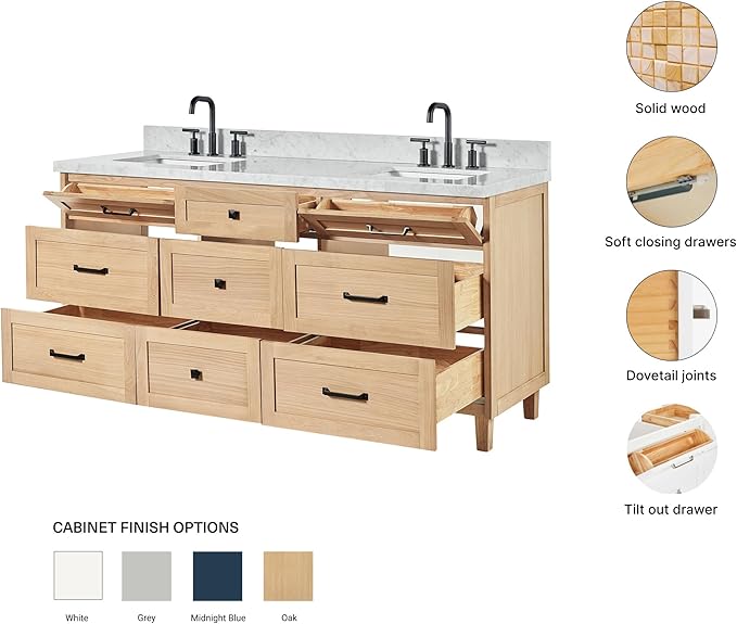 ARIEL Monroe 72-inch Bathroom Vanity with Sink,Solid Wood, 1.5-inch Italian Carrara Marble Countertop & Backsplash, Double Oval Porcelain Sink, 9 Dovetail Drawers, Matte Black, White Oak