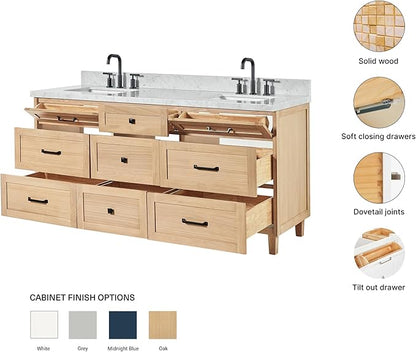 ARIEL Monroe 72-inch Bathroom Vanity with Sink,Solid Wood, 1.5-inch Italian Carrara Marble Countertop & Backsplash, Double Oval Porcelain Sink, 9 Dovetail Drawers, Matte Black, White Oak
