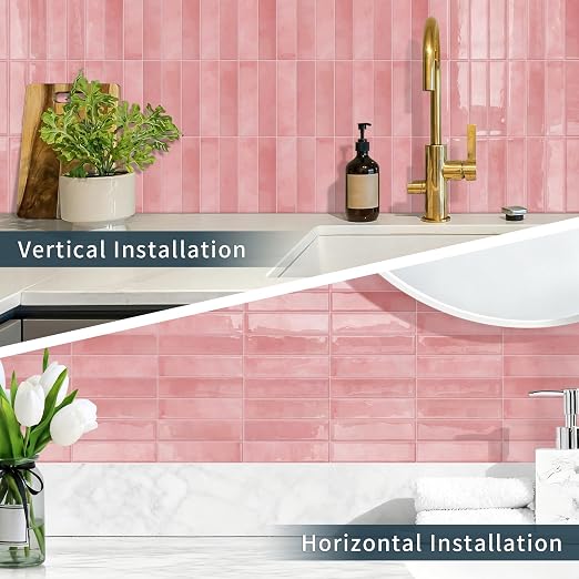 10 Sheets Upgraded Thicker Design Subway Tile Peel and Stick Backsplash | 12”×12”Self Adhesive Wall Tiles Stick on Back Splash for Kitchen,Bathroom,Camper(Pink)