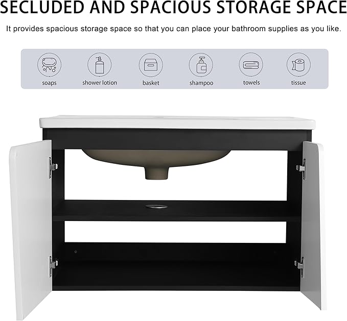 32 Inch Bathroom Vanity with Sink, 32" Floating Bathroom Vanity, Plywood Wooden Cabinet with Soft Close Doors, Modern Wall Mounted Cabinet Set, Ceramic Sink Included