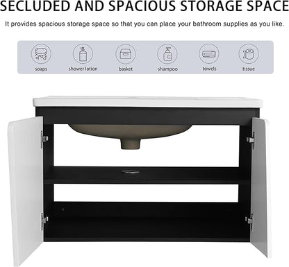32 Inch Bathroom Vanity with Sink, 32" Floating Bathroom Vanity, Plywood Wooden Cabinet with Soft Close Doors, Modern Wall Mounted Cabinet Set, Ceramic Sink Included