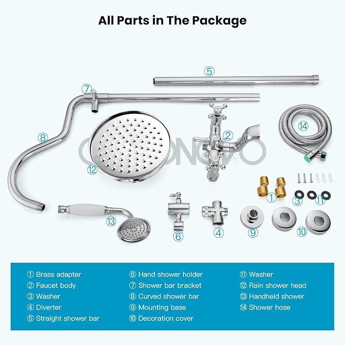 gotonovo Exposed Bathroom Shower System Two Cross Handle Polished Chrome | Vintage Brass Tub Shower Faucet Set,8’’ Rain Head with Handheld Spray,Swivel Tub Spout,6’’ Hole Distance,Adjustable Height