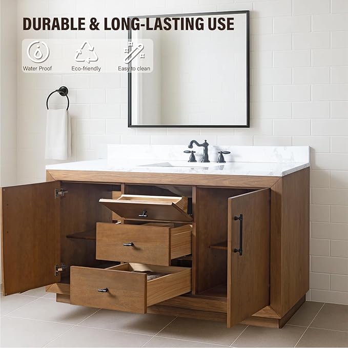 HOMEBEYOND 60" Bathroom Vanity with Single Sink & Ceramic Top, MDF Material Vanity Cabinet with Basin Combo, Soft-Closing Doors, Removable Shelf, Backsplash, Tan