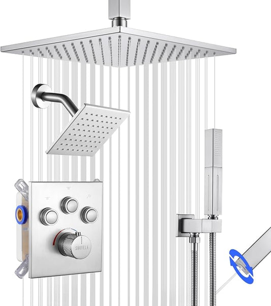 Thermostatic Shower System Brushed Nickel, Push Button Diverter Shower Faucet with 2 in 1 Handheld, Ceiling Mount 12 Inch Shower Head with 6 Inch Wall Mount Shower Head