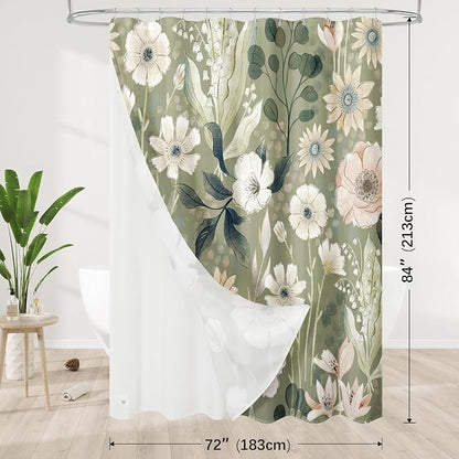 3 in 1 Green Floral Shower Curtain Set with PEVA Liner & 12 Hooks, 72 x 84 | Boho Tropical Botanical Style, Farmhouse Floral Fabric, Modern Hotel Inspired, Water‑Repellent, Machine Washable