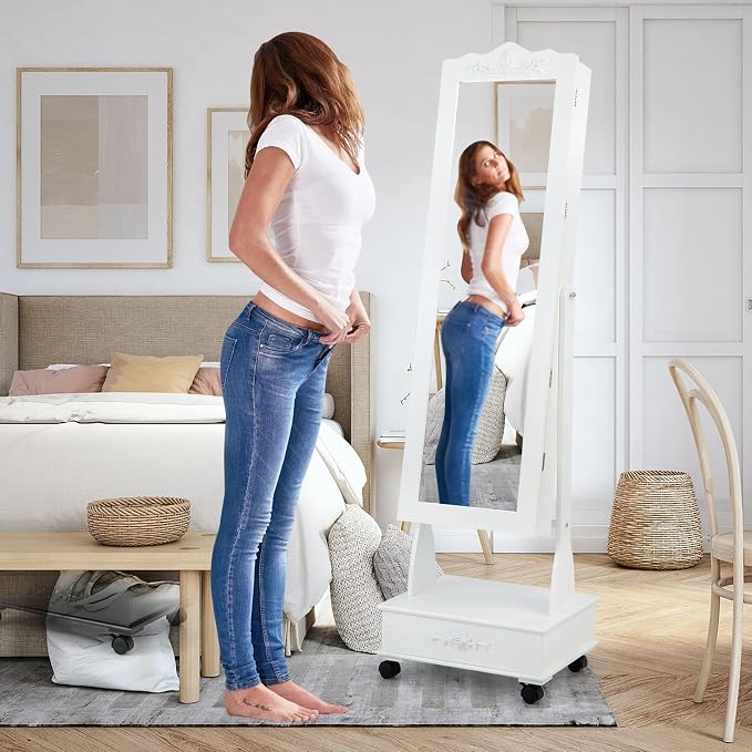 GOFLAME Jewelry Cabinet Armoire Freestanding, Lockable Jewelry Organizer with 3-position Adjustable Angle, Wheels, Full-length Mirror, Bottom Drawer, Jewelry Storage Box for Living Room Bedroom, White