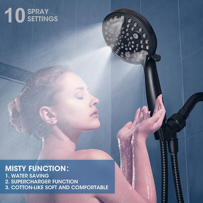 Shower Head with Handheld,High Pressure, 10 Spray Modes, Black | High Pressure Shower Head With 10 Spray Modes, Stay Clean Nozzles, Power Wash for Tub, Tile & Pets, Long 5 ft Hose