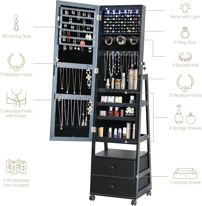 Jewelry Armoire Cabinet Organizer Standing with 20 LED Lights Lockable | Full Length Mirror with Storage Shelves and 2 Drawers (Black) Adjustable Tilt Angles Gift for Her