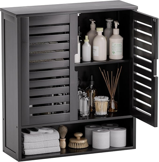 SMIBUY Bathroom Cabinet Wall Mounted, Bamboo Over-The-Toilet Storage Organizer, Space Saver Medicine Cabinet with 2 Door and Adjustable Shelves (Black)
