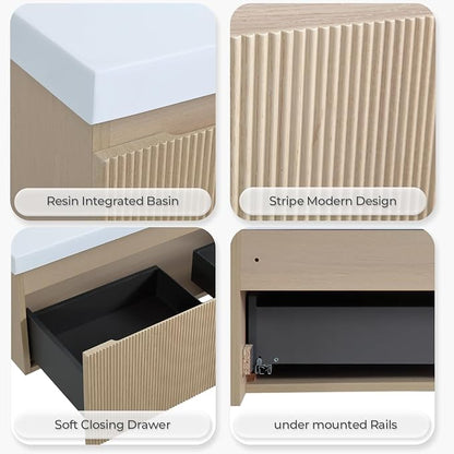 60 Inch Floating Bathroom Vanity with Double Sinks, Wall-Mounted Striped Storage Cabinet with Soft-Close Drawer, Glossy White Solid Surface Basin, Fully Assembled, Natural Oak Finish