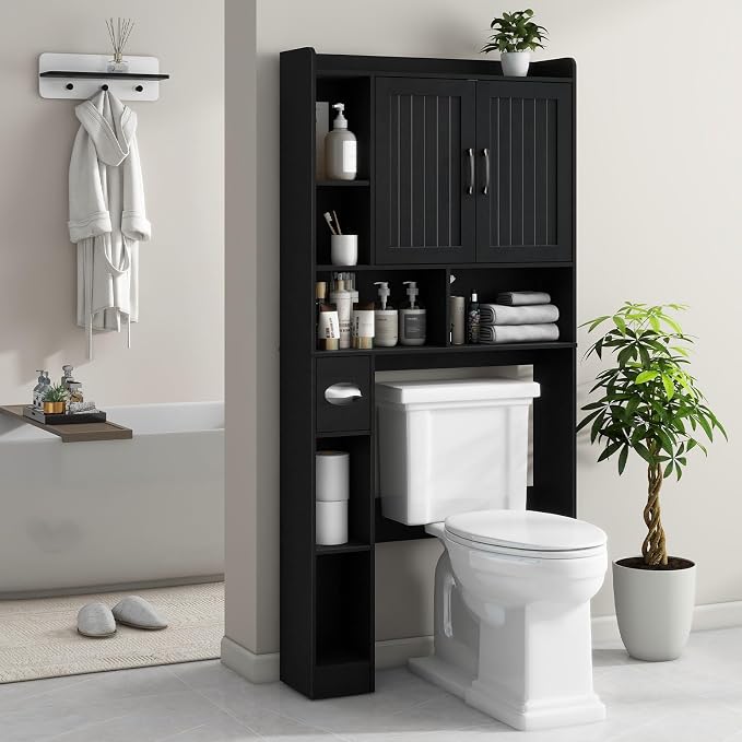 Vabches Farmhouse Over The Toilet Storage Cabinet with Barn Door, Black | Storage Cabinet Over Toilet, Home Space-Saving Toilet Rack, for Bathroom, Restroom, Laundry