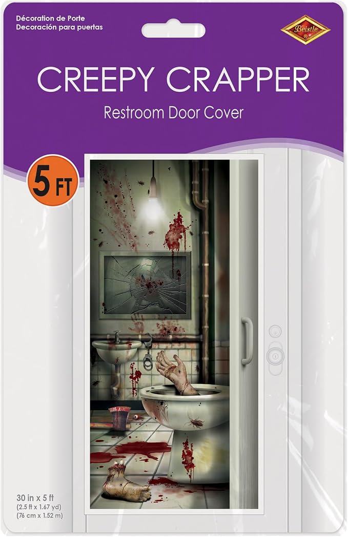 Beistle Creepy Crapper Restroom Door Cover, 5’ x 30” – Plastic for Indoor & Outdoor Use – Easily Display – Halloween Party Decorations, Horror Crime Scene Decor, Murder Mystery Party