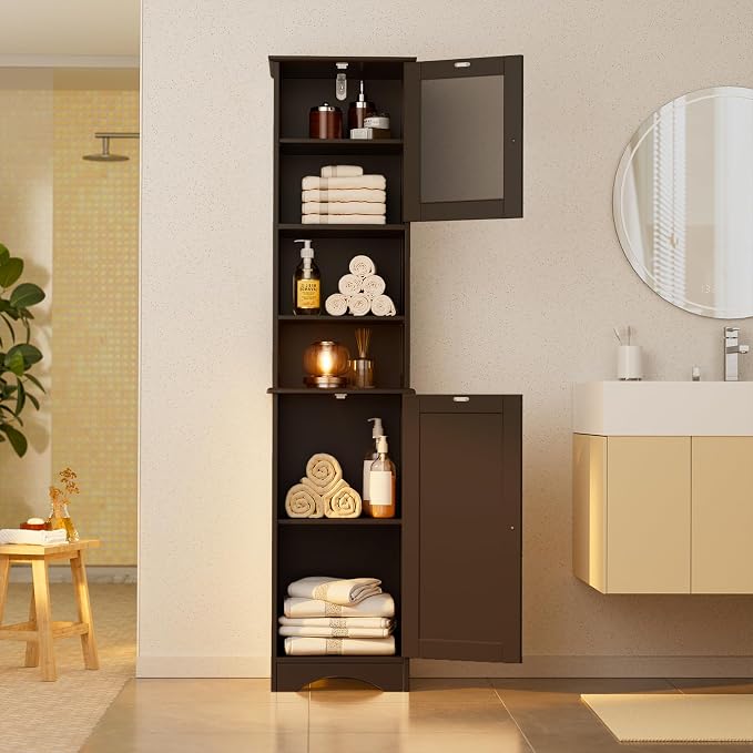 Gizoon Tall Bathroom Storage Cabinet | Freestanding Linen Cabinet with Two-Way Doors, Adjustable Shelves, for Home, Kitchen, Living Room, Dark Brown